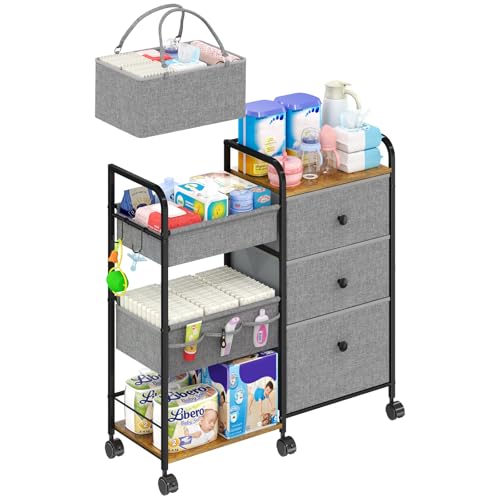 Cidaziya 2In1 Baby Diaper Caddy Organizer and Storage, 3 Tier Rolling Cart with Dividers and Drawers, Mobile Utility Cart Baby Dresser Clothes Organizer for Changing Table, Crib Nursery, Bedroom, Grey