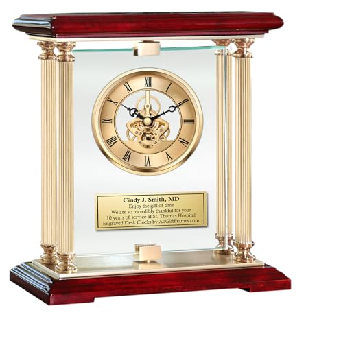 Eleganza Gold Gear DaVinci 360 Degree Spinning Glass Personalized Desk Mantle Clock Table Top Engraved Boss Coworker Retirement Recognition Wedding Anniversary Mantel Service Award Promotion