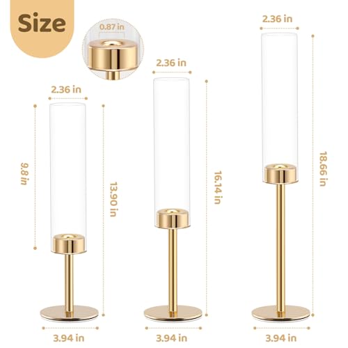 Gold Hurricane Candle Holders Set of 3, Tall Metal & Windproof Glass Taper Candle Holders, Brass Candlesticks Holder Decorations, Table Centerpieces for Weddings, Christmas, Parties, Fireplace Decor - Image 5