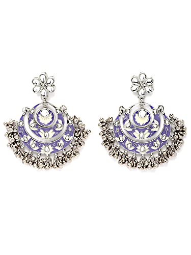 Karatcart Oxidised Silver Violet Meena Silver Ball Studded Kundan Chandbali Earrings for Women - Image 5