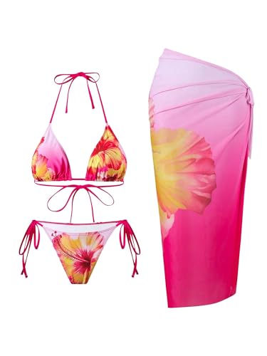 Image of ZAFUL Women's 3 Piece Swimsuit Floral Halter Triangle String Bikini Tie Side Bottom with Boho Cover Up Skirt