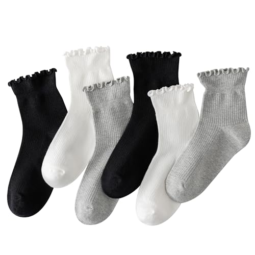 Image of 6 Pairs Ruffle Socks for Women Girls,Casual Cute Ankle Socks Breathable Knit Cotton Warm Soft Frilly Crew Sock