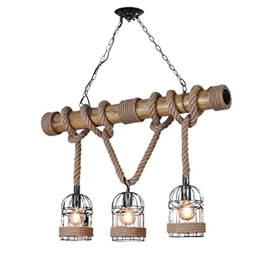 Personnalité créative rétro Restaurant/Salon/Bar/Café Lustre en corde de chanvre à trois têtes, abat-jour de lustre en corde E27 Vintage Cage en fer Lustre (ampoule non incluse) Cover