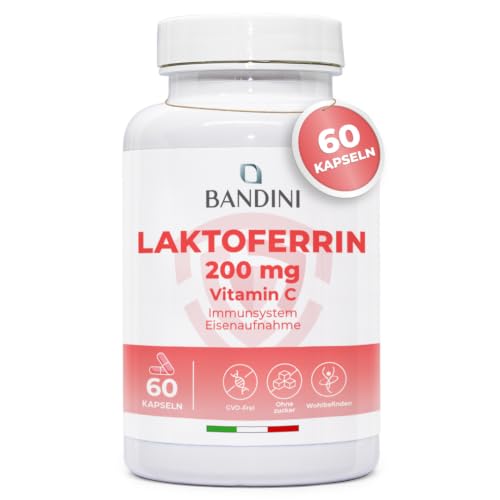 Bandini Lactoferrin 60 Kapseln - 200mg Laktoferrin + 60mg Vitamin C je Tagesdosis (1 Kapsel) - Für Eisenaufnahme & Immunsystem | Kolostrum-Bestandteil - Hochdosiert laborgeprüft GVO-frei