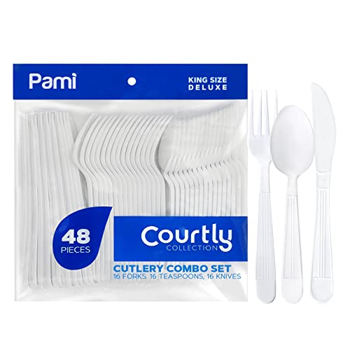 PAMI Heavy Duty White Plastic Cutlery Set, 48 Pieces (16 Forks, Knives, Teaspoons), Single Use White Plastic Utensils for Parties, Weddings, Catering