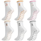 Zuimei 6 Paar süße Pilates-Socken für Damen, Rüschenmanschette, Stickmuster, Yoga, rutschfeste Crew-Socken für Frauen, Mädchen, Katzen, Geschenke