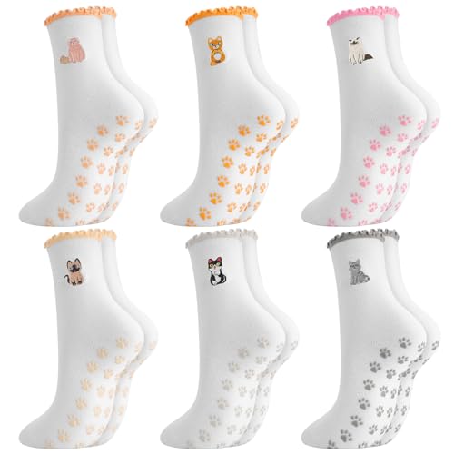 Zuimei Lot de 6 paires de chaussettes à volants pour femme, motif chat mignon, chaussettes pilates pour danse, barre, ballet, entraînement à la maison, sport, fitness