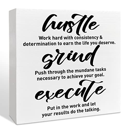 Inspirational Wooden Box Sign, Hustle Grind Execute, Inspirational Home Office Desk Decor, Motivational School Classroom Decoration, Positive Gifts for Women Men Coworkers Student 5 inches*5 inches