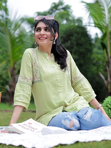 Image of Women's Viscose Rayon Embroidered A-Line Short Kurti Above Knee Regular Fit Tunic Top Office Wear Casual short kurti for women | office wear top | A-line kurti | raksha bandhan gift dress for women