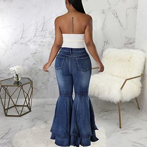 Conshvi Women's High Waisted Bell Bottom Jeans Layered Ruffle Patchwork Wide Leg Flare Denim Pants4