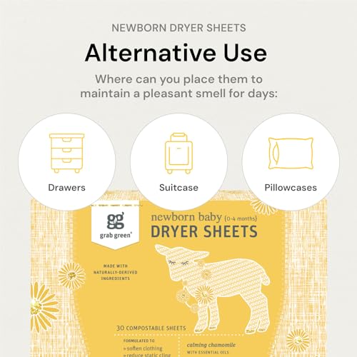 Grab Green Newborn Baby Dryer Sheets, 120 Sheets, Chamomile Scent, Plant and Mineral Based, Compostable, Softens Clothing and Linens, Reduces Static Cling - Thumbnail 5