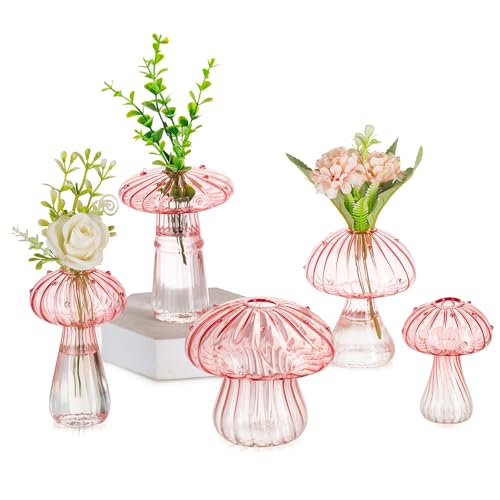 Glasseam Mushroom Glass Bud Vase Set of 5, Pink Small Vases for Flowers