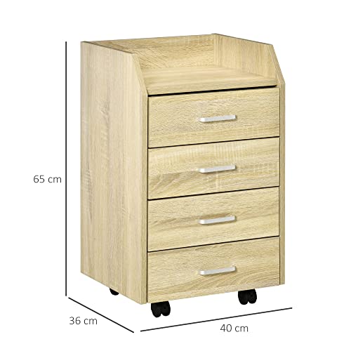 Vinsetto Cajonera de Oficina Mueble Auxiliar para Archivos con 4 Cajones Encimera Superior de Almacenaje 4 Ruedas y 2 Frenos para Estudio Despacho 40x36x65 cm Natural - imagen 3