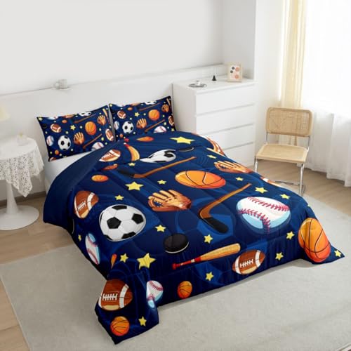 Image of Feelyou Soccer Basketball Comforter Set Twin Size 2 Pcs Kids Boys Girls