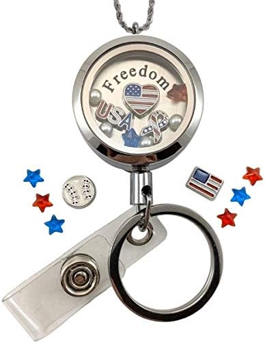 Custom Stainless Steel Lanyard with Floating Charm Locket Badge Reel with Sturdy Screw Top Lid and Key Ring Retractable Heavy Duty Rust and Tarnish Free Chain (FC LY America)
