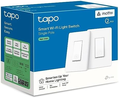 TP-Link Tapo Matter Smart Light Switch: Voice Control w/Siri, Alexa & Google Home | UL Certified | Timer & Schedule | Easy Guided Install | Neutral Wire Required | Single Pole | Tapo S505(2-Pack)