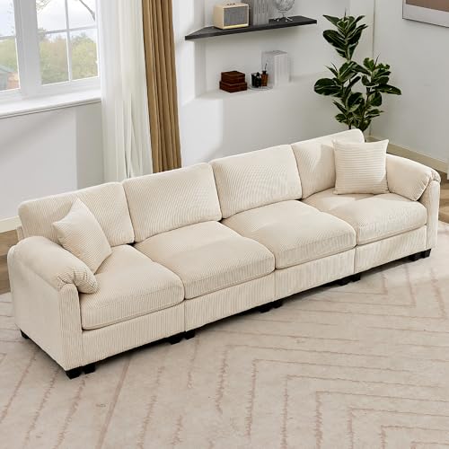 IPKIG 115.6'' Sectional Sofa Couch, Corduroy Modern Modular Cloud Couches for Living Room with 2 Throw Pillows and Deep Seat, Center Stitched Design (Beige, 4 Seater - I Shaped)