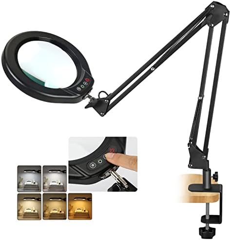Veemagni 5 Inch Large Magnifying Glass with Light and Stand, 5 Color Modes Stepless Dimmable, Long Swivel Arm LED Clamp Desk Lamp, Hands Free 5X Lighted Magnifier for Close Work Craft Hobby Soldering