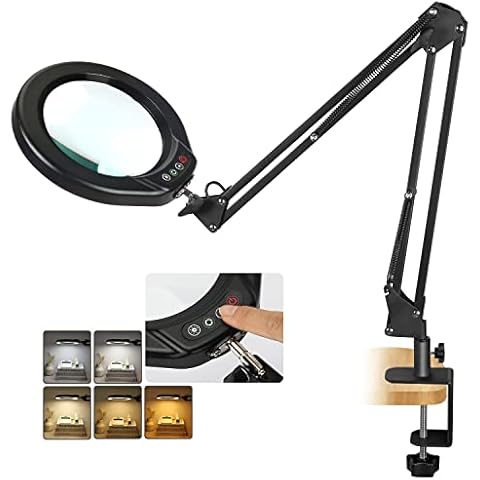 VEEMAGNI 5 Inch Large Magnifying Glass with Light and Stand, 5 Color Modes Stepless Dimmable, Long Swivel Arm LED Clamp Desk Lamp, Hands Free 8X Lighted Magnifier for Close Work Craft Hobby Soldering Cover