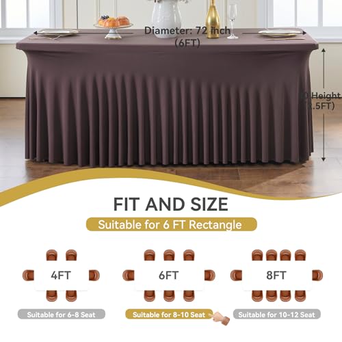 Image of Outpain Brown Spandex Table Clothes for 6 Foot Rectangle Tables-2Pack 6FT Spandex Fitted Table Cover, Wrinkle Free Tablecloths with Skirt for Parties, Wedding, Birthday, Banquet, Festival