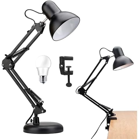 Motowolf Swing Arm Desk Lamp with Clamp, Adjustable Flexible Gooseneck Metal Table Lamp for Home Office, Work, Study, Reading, E27 Bulb Included Cover