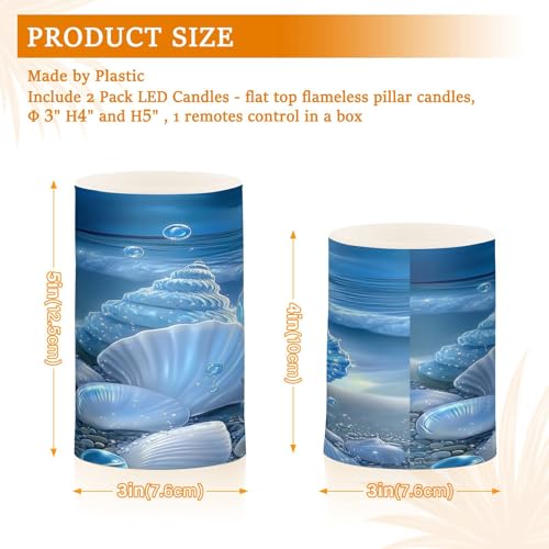 Image of Glowing Blue Sea Conch Shells Star Flickering Flameless Candles LED Battery Operated with Remote Timer Pillar Candles for Home Birthday Wedding Christmas Decor, Set of 2