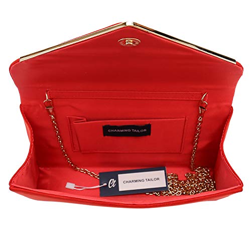 CHARMING TAILOR Faux Suede Clutch Bag Elegant Metal Binding Evening Bag for Wedding/Prom/Black-tie Events (Red) - Thumbnail 7