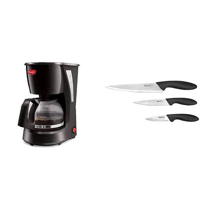 Pigeon by Stovekraft Brewster Coffee Maker. A Small Size Coffee Maker of Home Machine (Black) by Stovekraft Stainless Steel Kitchen Knives Set, 3-Pieces, Multicolour