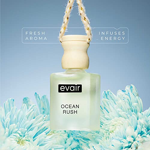 Image of Evair Hanging Car Air Freshener | Car Accessories Interior | Car Perfume Aroma with Essential Oils Fragrance in Glass Bottle with Wooden Diffuser Lid | 10 ml - Pack of 2 (Ocean Rush & Wild Blue)