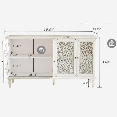 Image of White Sideboard Cabinet with Carved Doors, White Buffet Cabinet, Vintage Cabinet with Doors and Shelves, Farmhouse Storage Cabinet for Dining Room, Living Room & Entryway