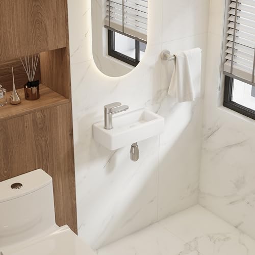 Eridanus Badezimmer Waschbecken, Wandhängendes Platzsparendes rechteckiges weißes Keramikbecken, Wasserhahn LINKEN für Waschtisch, Garderobe, Toilette, Modernes Aufsatzwaschbecken Klein (nur Becken)