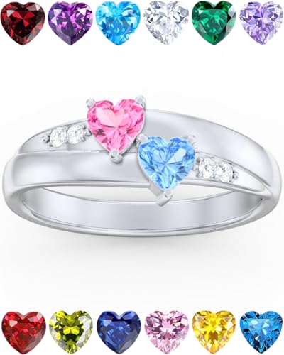 PaulaMax Jewelry Promise Rings for Her – Custom Birthstone Ring for Women in Sterling Silver – Personalized 2 Heart Birthstones, Sizes 5-12