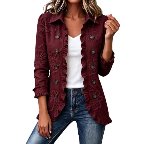 Women'S Open Front Jackets Ruffle Peplum Lapel Jacket Long Sleeve Outwear