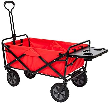 Mac Sports Heavy Duty Steel Frame Collapsible Folding 150 Pound Capacity Outdoor Garden Utility Wagon Yard Cart with Table and Cup Holders, Red