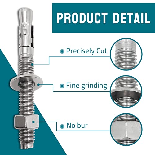 Ini moni 1/2\" x 4-1/2 Inch Wedge Anchor, Stainless Steel Concrete Anchors, Heavy Duty Expansion Bolt Fasteners for High Strength Concrete Bricks/Blocks,Natural Stone, 5 PCS - Thumbnail 4