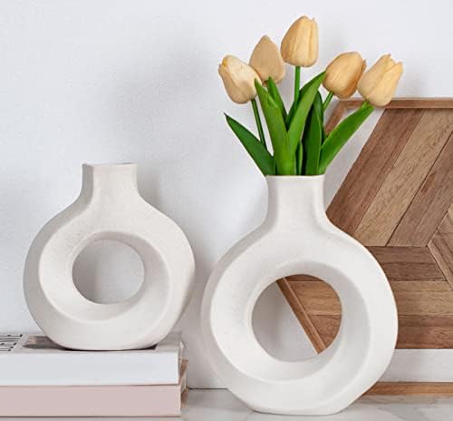 White Ceramic Vase, Modern Circle Vase Set of 2, Minimalist Nordic Boho Ins Style for Home Decor for Table Centerpiece Wedding Dining Living Room Office House Decoration