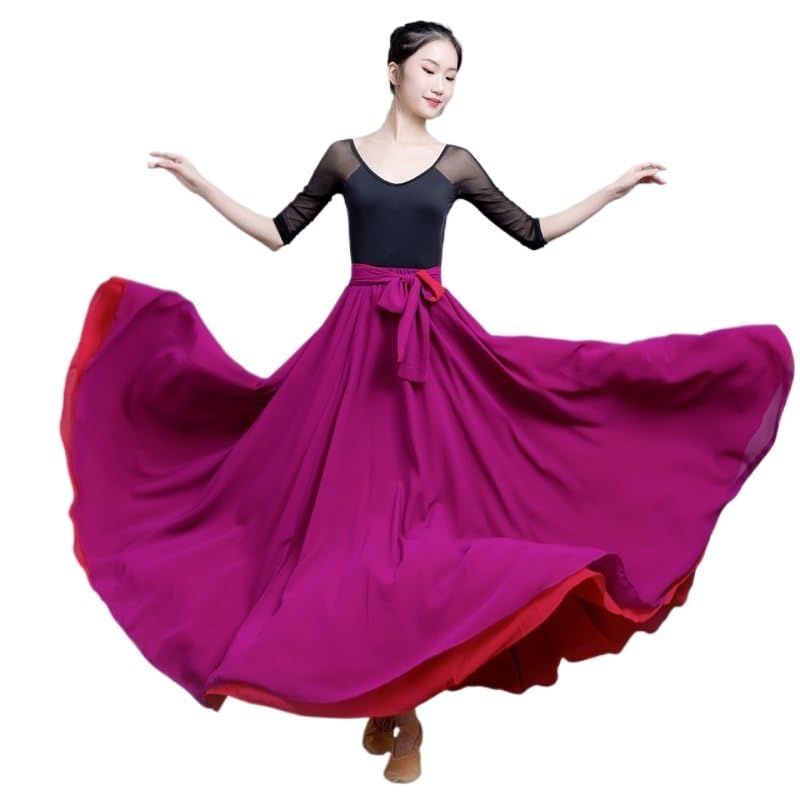 Falda Larga de Gasa con Dos Lados en Contraste de Color de 8M for Primavera y Verano, Estilo Bohemio(Purple Red,XL)