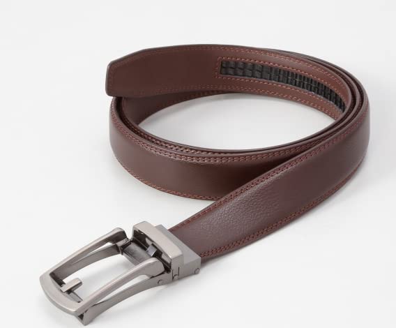 Little Island Men's Business Belt, Easy Ratcheting Type, Auto Lock, Genuine Leather, No Holes, Braun, 136cm
