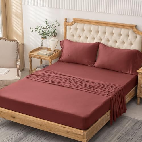 PURE ERA Jersey Knit 4pc Bed Sheet Set 100% T-Shirt Cotton Super Soft Comfy Breathable Fits Mattress Up to 20" Extra Deep Pocket (Solid Brick Red, Queen)