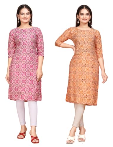 Image of Women's Straight Fit Printed Crepe Kurta, Casual Wear Kurti Combo Design No 9021