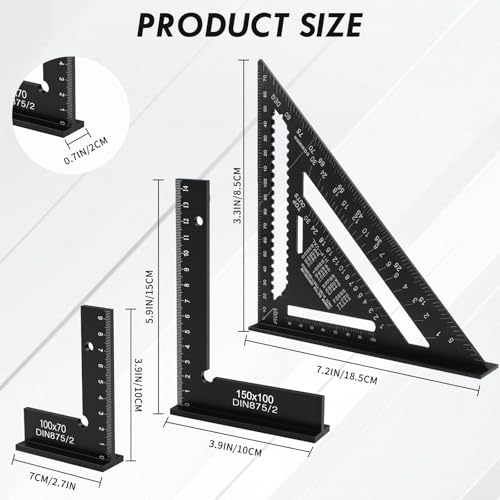 Wozzies Zimmermannswinkel Set, 180mm Dreieckslineal und 2pcs 90° Anschlagwinkel Schlosserwinkel 150x100mm,100x70mm, Winkelmesser Anreisswerkzeug für Metallbau, Werkstatt, Winkelmessen und Markieren