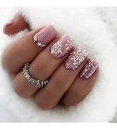 EIOAUY Christmas Press on Nails Short Square Fake Nails,Glitter Snowflake Press on Nails Pink wit...