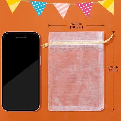 Image of 100PCS Premium White Organza Bags with Gold Drawstring, 4x6inch Wedding Favor Gift Bags, Mesh Pouch for Jewelry, Party, Christmas, Festival, Bathroom Soaps, Makeup Organza, Wrapping Supplie