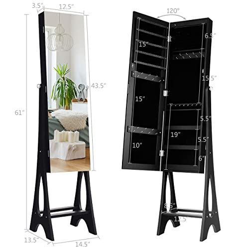 Giantex 12 Led Jewelry Armoire Cabinet With Frameless Full-Length Mirror, Standing Jewelry Cabinet With 16 Lipstick Holders, Large Storage Capacity, 3 Angles Adjustable (Black) #TOP6
