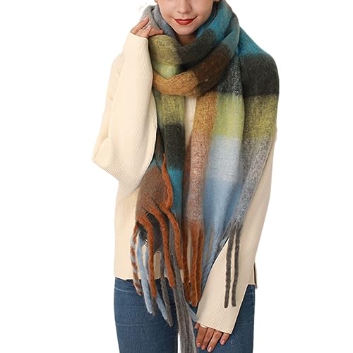 Large Chunky Winter Scarf for Women Colorful Plaid Cashmere Feel Oversized Blanket Scarves Thick Pashmina Shawl Wraps