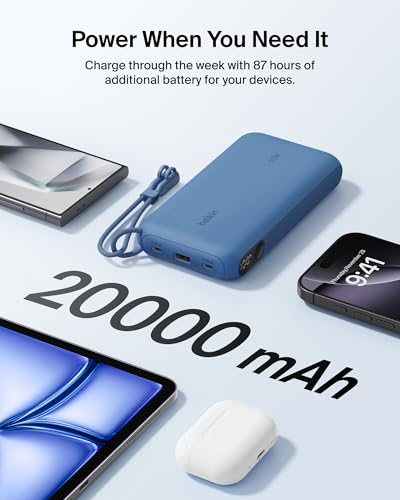 Belkin Batterie Externe USB-C 20 000 mAh, Power Bank avec 2 Ports Type C et 1 Port USB-A (écran numérique, 20 W, pour Tous Les modèles de l'iPhone 16, Samsung Galaxy S25, Pixel 9, iPad, etc., Bleu)