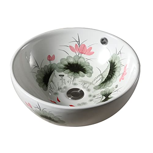 Lavabo Sobre Encimera Fregadero de baño de porcelana con patrón de loto redondo con orificio de desbordamiento, lavabo de encimera de cerámica de tocador de 16,9 pulgadas, lavabo artístico Baño Pila d