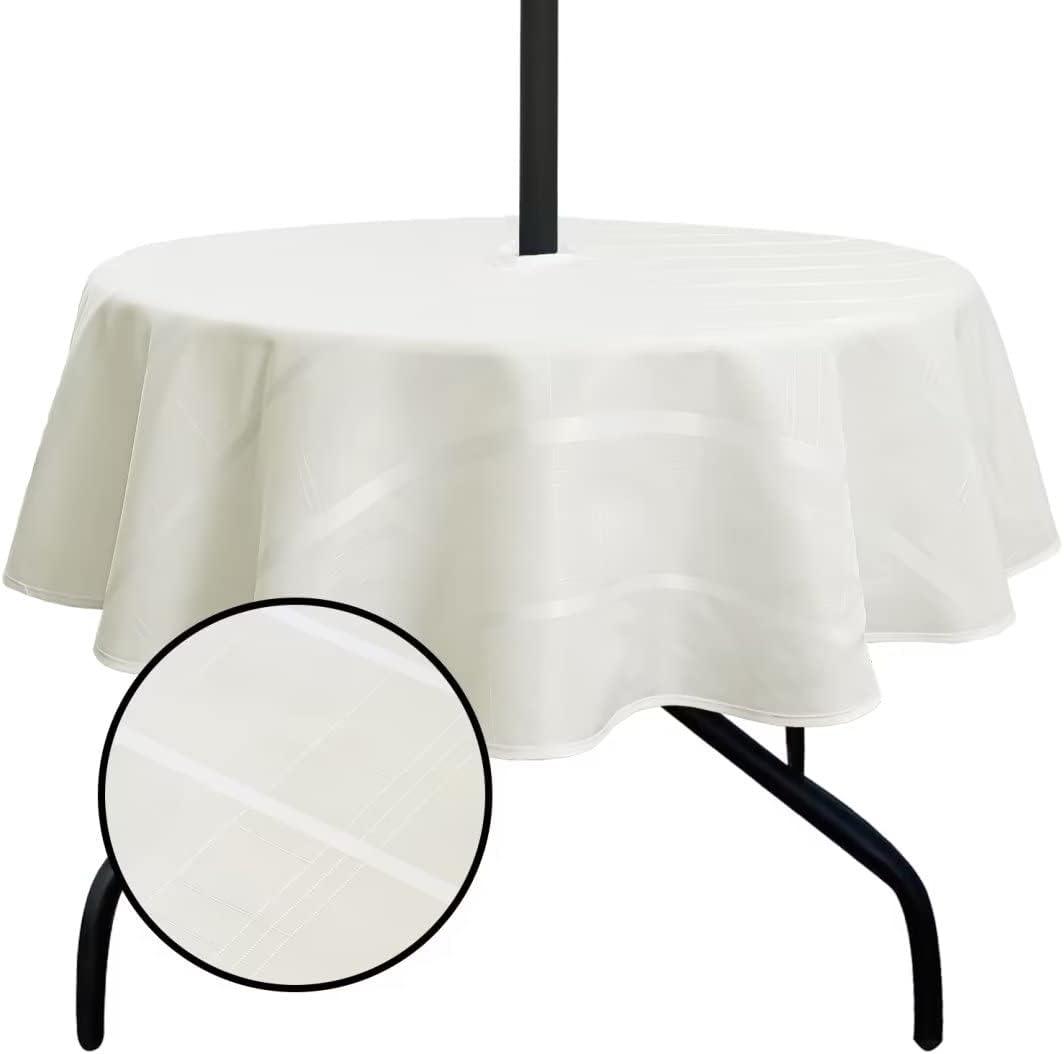 SpaceDresser Jacquard Round Outdoor Tablecloth with Umbrella Hole, Spillproof and Waterproof Fabric Table Cloth, Washable Wrinkle Free Table Cover for Patio Spring Summer, 60 Inch Ivory