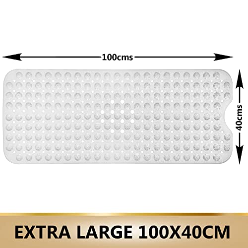 Image of TurtleGrip Anti-Slip Shower Mat, 100x40 cm Accu-Pebble (White), Anti-Skid Extra Large Bath Mat with Suction Cups, Machine Washable Bathroom Mats with Drain Holes