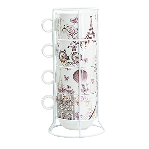 Grace Teaware Stackable Coffee Tea Mug 10-Ounce Set Of 4 With White Metal Stand (Paris Eiffel Tower Pink Gold) #TOP1